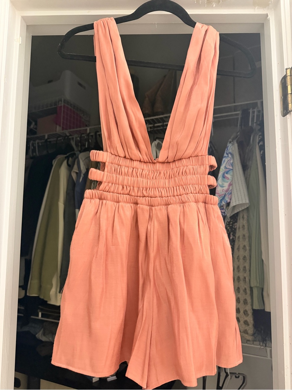 Women’s Peach V-Neck Smocked Waist Romper
